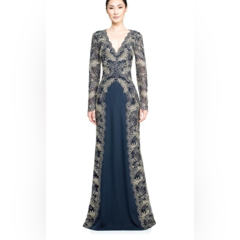TADASHI SHOJI Ashton Navy Gold Embroidered Gown  Size 12